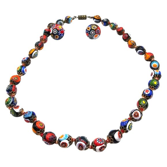 Vintage Venetian Murano Millefiori Glass Bead Necklace & Clip-On Earrings Set - Picture 4 of 16